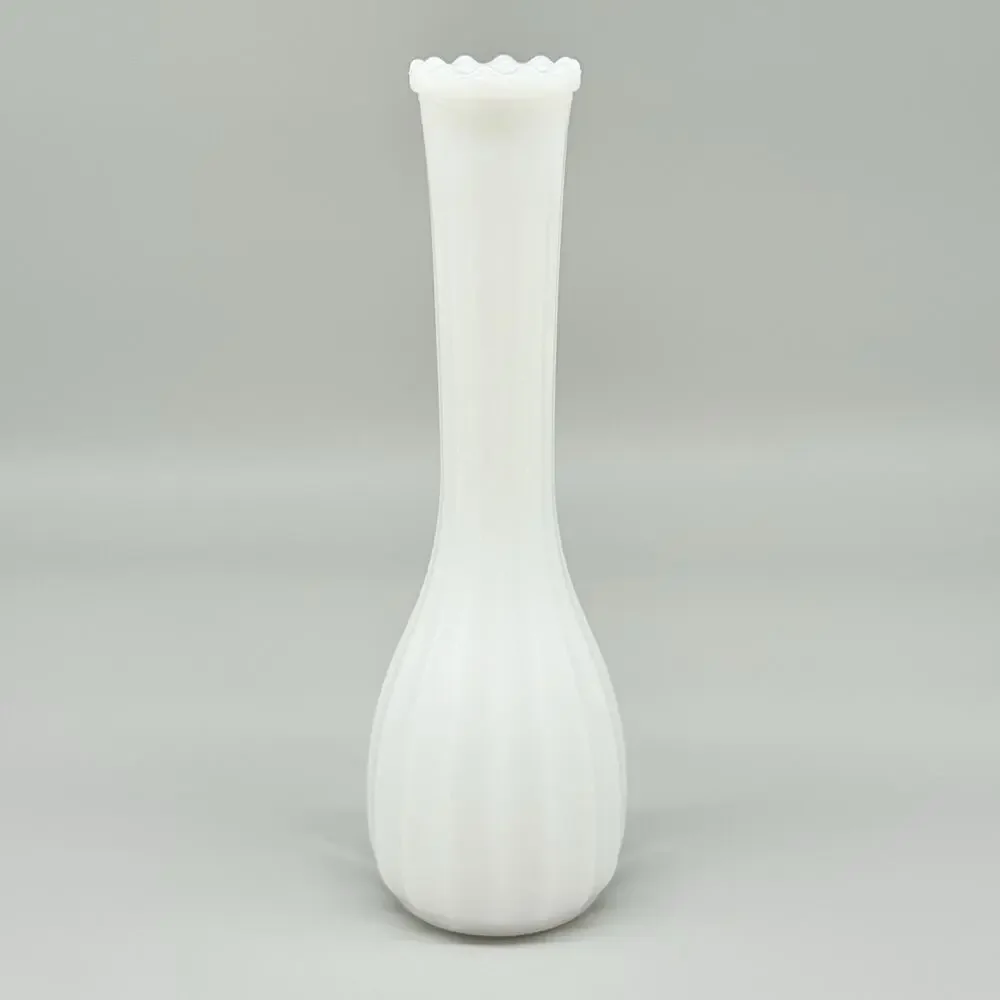 Vintage MCM White Bud Vase Ribbed Line Design Scalloped Rim Milk Glass 9
